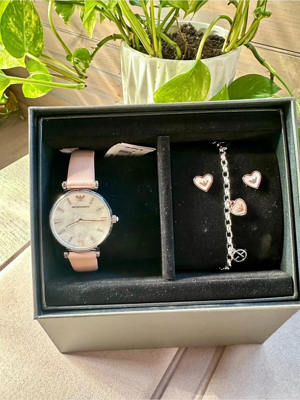 Emporio Armani Pink Leather Watch Gift Set – Heart Charm Bracelet & Earrings